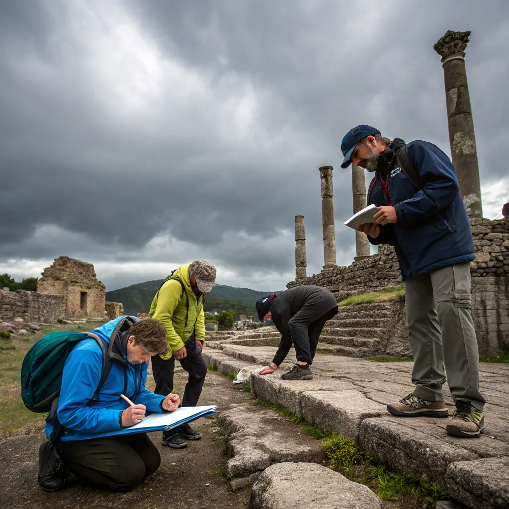 Team exploring historic site